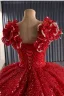 Luxury / Gorgeous Red Handmade  Beading Sequins Wedding Dresses 2025 Ball Gown V-Neck Short Sleeve Backless Bow Court Train Wedding