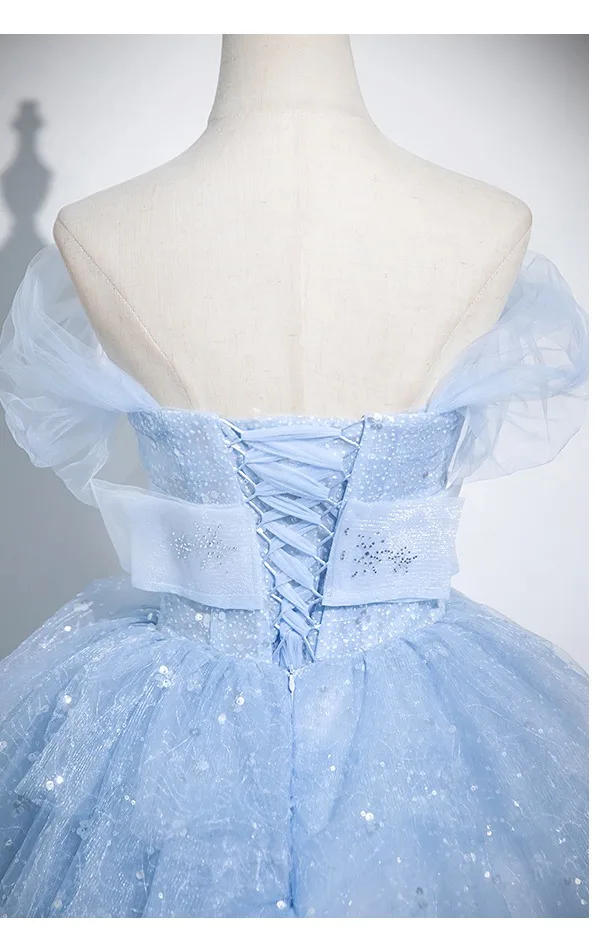 Bling Bling Sky Blue Glitter Sequins Prom Dresses 2025 Ball Gown Strapless Sleeveless Backless Floor-Length / Long Prom Formal Dresses