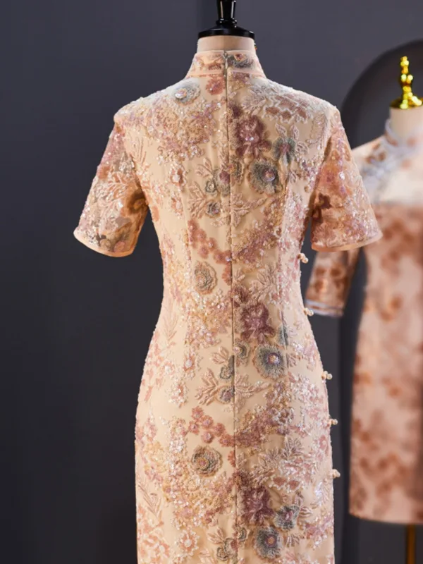 Vintage / Retro Chinese style Dusky Pink Pearl Sequins Lace Flower Split Front Evening Party Cheongsam 2025 Trumpet / Mermaid High Neck Short Sleeve Zipper Up Floor-Length / Long