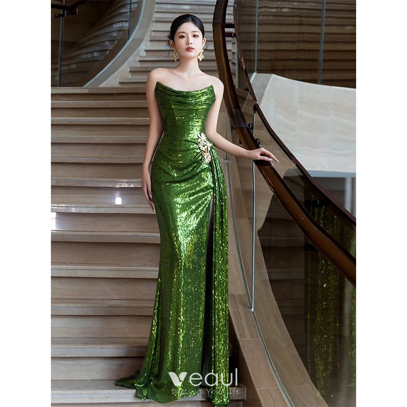 Sexy Sparkly Green Sequins Split Front Evening Dresses 2024 Trumpet Mermaid Strapless Sexy Sparkly Green Sequins Split Front Evening Dresses 2024 Trumpet Mermaid Strapless
