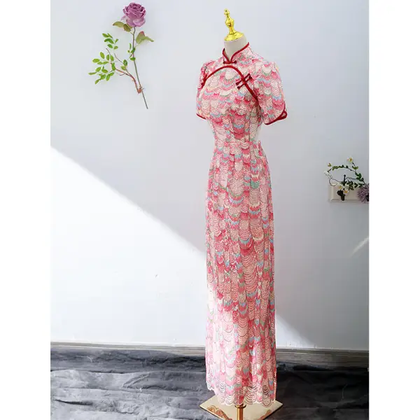 Chinese style Red Beading Tassel Sequins Evening Dresses Cheongsam 2022 Trumpet / Mermaid High Neck Short Sleeve Covered Button Floor-Length / Long Evening Party Cheongsam / Qipao