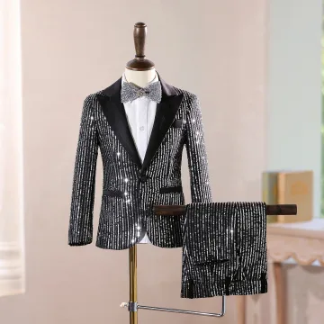 Bling Bling Schwarz Pailletten 4 Stück Anzüge Jungs 2025 Lange Ärmel Mantel Hose Hemd Krawatte