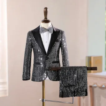 Bling Bling Black Sequins 4 Piece Boys Wedding Suits 2025 Long Sleeve Coat Pants Shirt Tie