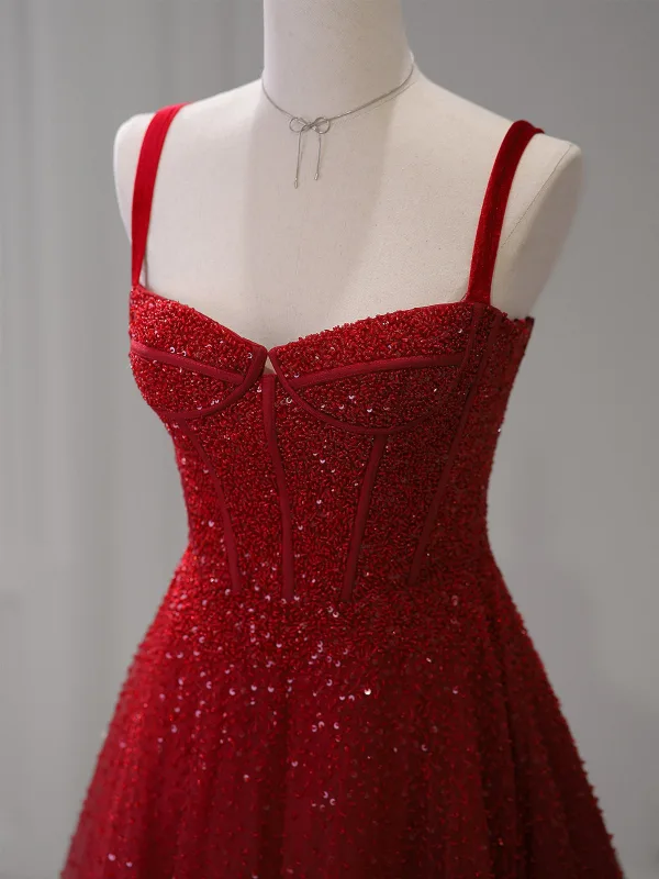 Bling Bling Burgundy Beading Sequins Evening Dresses 2026 A-Line / Princess Spaghetti Straps Sleeveless Backless Sweep Train
