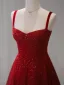 Bling Bling Burgundy Beading Sequins Evening Dresses 2026 A-Line / Princess Spaghetti Straps Sleeveless Backless Sweep Train
