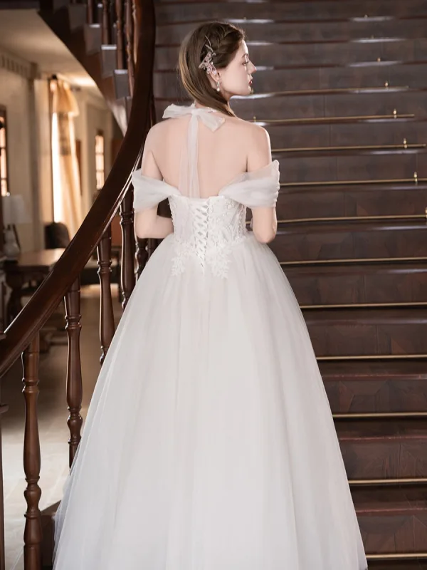 Elegant White Lace Flower Wedding Dresses 2026 A-Line / Princess Off-The-Shoulder Bow Sleeveless Backless Floor-Length / Long