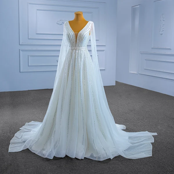 Haut de Gamme Charmant Blanche Perlage Paillettes Robe De Mariée 2022 Princesse V-Cou Manches Longues Dos Nu Train De Balayage Mariage