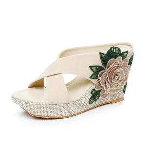 Chic Belle Beige Plage Brodé Sandales Femme 2024 9 Cm Compensées Peep Toes Bout Ouvert Sandales