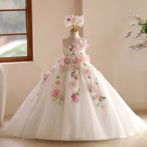 Fée Des Fleurs Blanche Appliques Anniversaire Robe Ceremonie Fille 2025 Robe Boule Encolure Dégagée Sans Manches Dos Nu Train De Balayage
