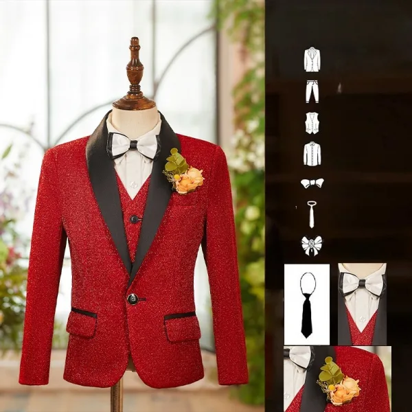 Fall Winter Red Long Sleeve Boys Wedding Suits 2025 6-piece Body Jewellery Coat Pants Shirt Tie Vest