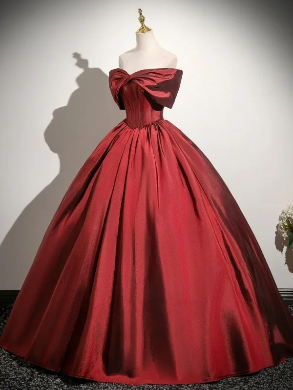 Vintage / Retro Burgundy Prom Dresses 2025 Ball Gown Off-The-Shoulder Sleeveless Backless Floor-Length / Long Prom Formal Dresses