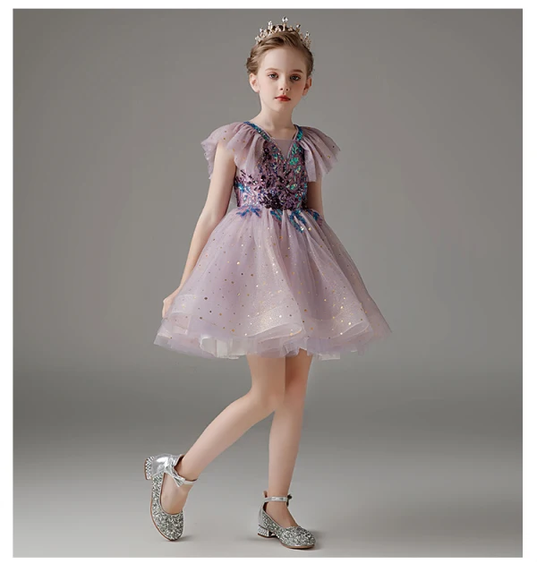 Fashion Lavender Short Sequins Birthday Flower Girl Dresses 2023 V-Neck Short Sleeve Backless Zipper Up
