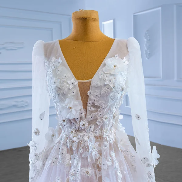 Luxury / Gorgeous White Rhinestone Lace Flower Appliques 2023 A-Line / Princess V-Neck Long Sleeve Wedding Dresses Court Train Wedding
