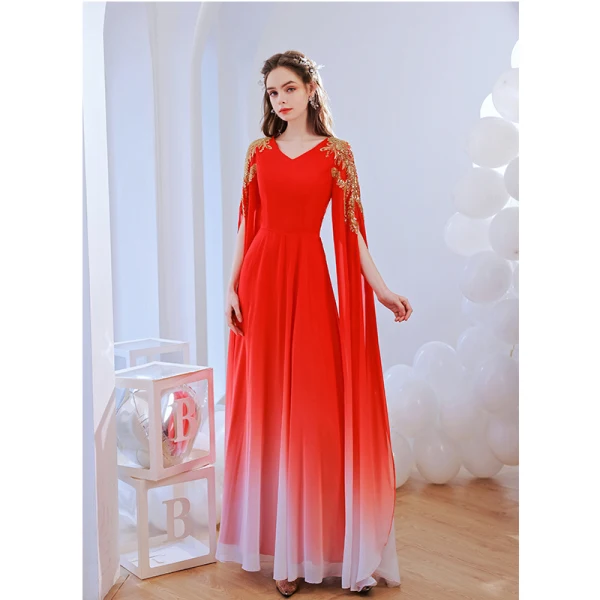 Chic / Belle Rouge Dégradé De Couleur Robe De Bal 2022 Princesse V-Cou Perlage Paillettes Manches Longues Longue Robe De Ceremonie