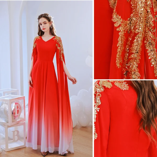 Chic / Belle Rouge Dégradé De Couleur Robe De Bal 2022 Princesse V-Cou Perlage Paillettes Manches Longues Longue Robe De Ceremonie