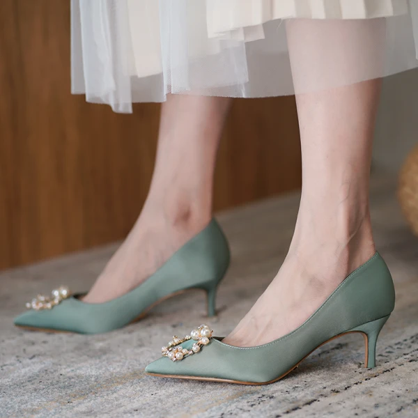 Chic / Belle Noire Promo Perle Faux Diamant Escarpins 2023 Satin 6 cm Talons Aiguilles À Bout Pointu Escarpins Talons Hauts