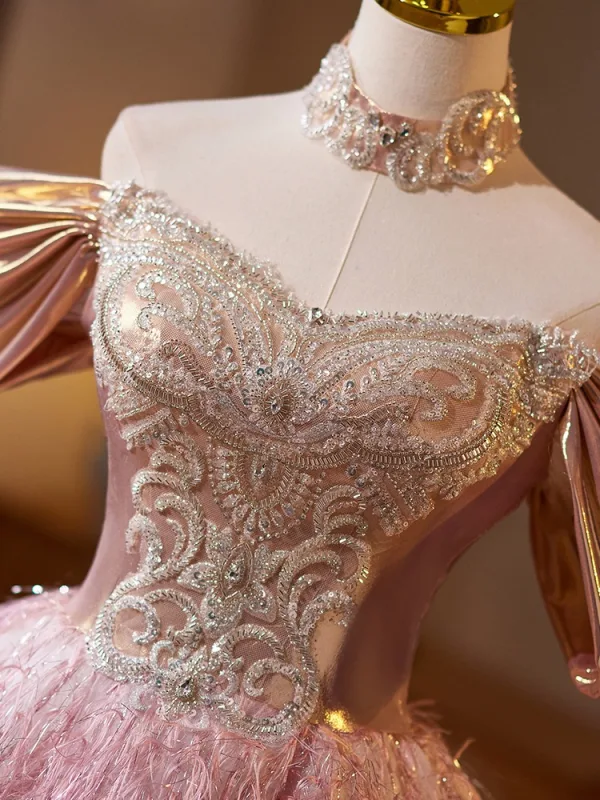 Charming Blushing Pink Beading Rhinestone Lace Flower Tassel Prom Dresses 2025 Ball Gown Off-The-Shoulder Short Sleeve Backless Floor-Length / Long Prom Formal Dresses