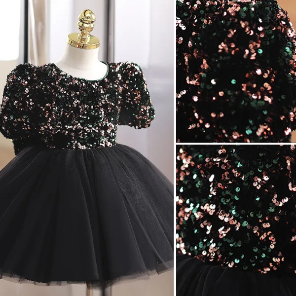 Sparkly Black Multi-Colors Sequins Birthday Flower Girl Dresses 2022 Ball Gown Scoop Neck Short Sleeve Bow Short Flower Girl Dresses
