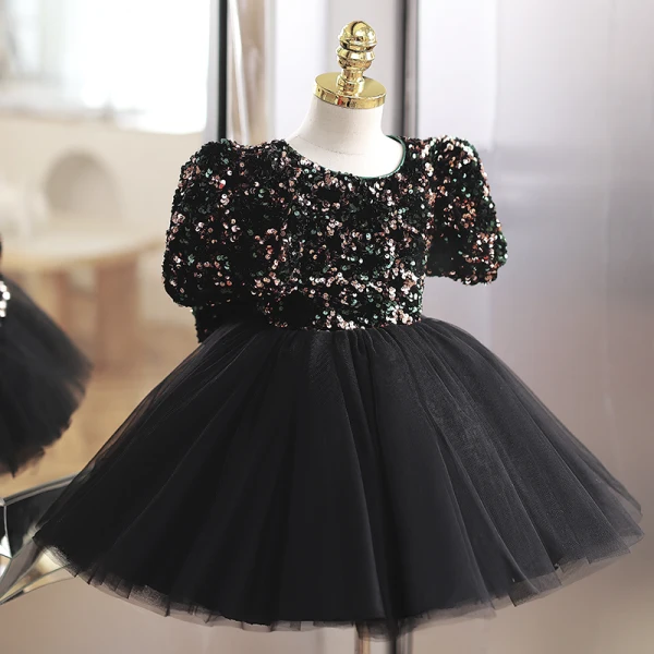 Sparkly Black Multi-Colors Sequins Birthday Flower Girl Dresses 2022 Ball Gown Scoop Neck Short Sleeve Bow Short Flower Girl Dresses