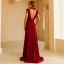 Chic / Beautiful Burgundy Split Front Prom Dresses 2022 A-Line / Princess V-Neck Sleeveless Backless Floor-Length / Long Prom Formal Dresses