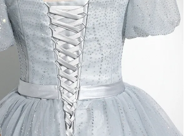 Elegante Grau Pailletten Schleife Stoffgürtel Ballkleider 2025 Ballkleid Eckiger Ausschnitt Geschwollenes Kurze Ärmel Rückenfreies Lange Festliche Kleider