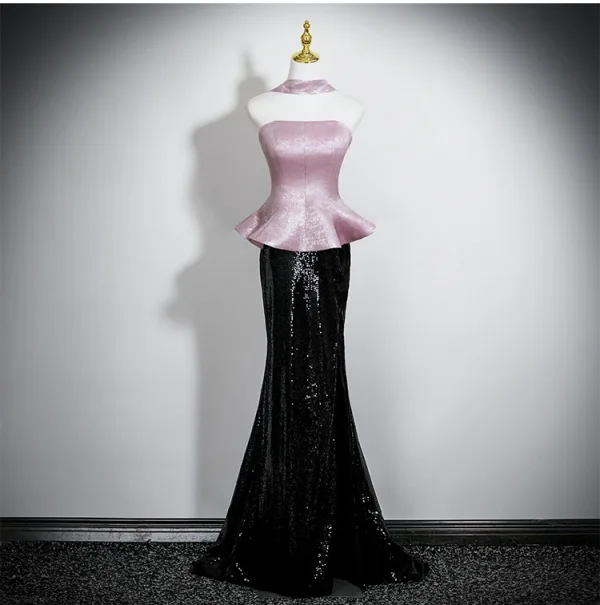 Charmant Rosa Pailletten Partykleider 2025 Meerjungfrau Bandeau Ärmellos Rückenfreies Sweep / Pinsel Zug Cocktail Abend Festliche Kleider