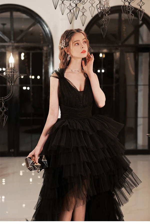 Sexy Black Cascading Ruffles Asymmetrical Cocktail Dresses Prom Dresses 2022 A-Line / Princess Spaghetti Straps Sleeveless Backless Formal Dresses