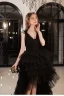Sexy Black Cascading Ruffles Asymmetrical Cocktail Dresses Prom Dresses 2022 A-Line / Princess Spaghetti Straps Sleeveless Backless Formal Dresses