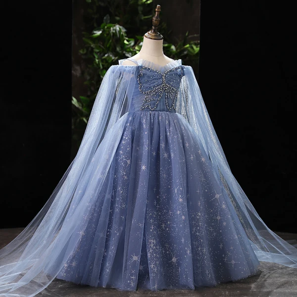 Elegant Sky Blue Beading Pearl Sequins Birthday Flower Girl Dresses 2022 Ball Gown Spaghetti Straps Long Sleeve Floor-Length / Long Flower Girl Dresses