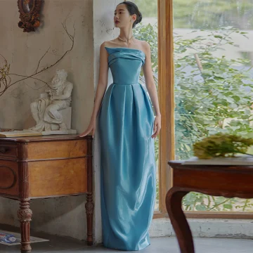 Chinese Style Pool Blue Evening Dresses 2024 Trumpet Mermaid Strapless Sleeveless Backless Floor Length Long Evening Party Formal Dresses