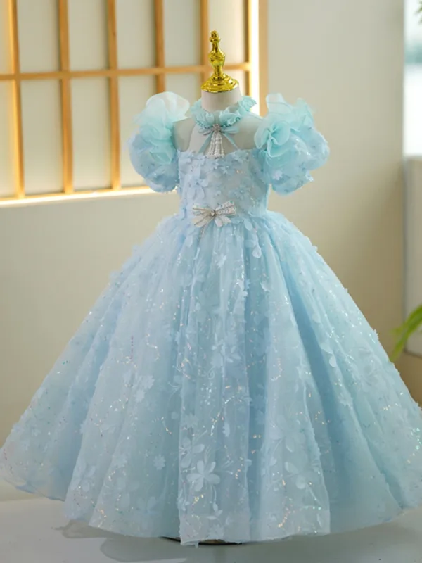 Chic / Beautiful Sky Blue Pearl Tassel Sequins Appliques Birthday Flower Girl Dresses 2023 Ball Gown High Neck Puffy Short Sleeve Backless Floor-Length / Long