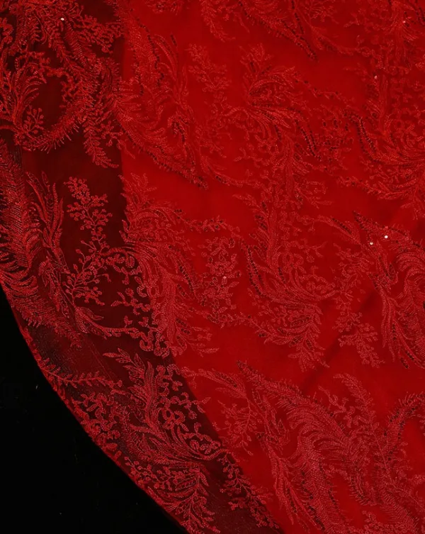 Amazing / Unique Red Beading Sequins Lace Flower Royal Train Wedding Dresses 2025 Ball Gown Off-The-Shoulder Short Sleeve Backless Tulle Wedding