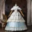 Médiévale Vintage / Originale Bleu Ciel Faux Diamant En Dentelle Fleur Volants en Cascade Robe De Bal 2026 Robe Boule Bretelles Spaghetti Gonflée Manches Courtes Dos Nu Longue