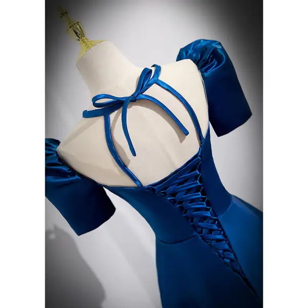 Vintage / Retro Royal Blue Satin Prom Dresses 2022 A-Line / Princess Square Neckline Bow Short Sleeve Backless Floor-Length / Long Prom Formal Dresses