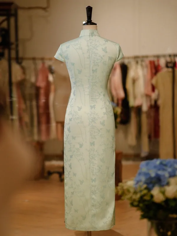 Chinese style Sage Green Printing Tea-length Cheongsam 2026 Trumpet / Mermaid High Neck Cap Sleeves