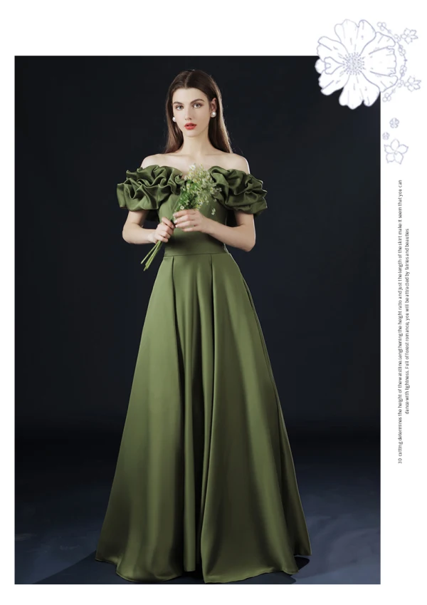 Vintage / Originale Olive Verte De l'épaule Robe De Bal 2021 Princesse Bretelles croisées Volants Manches Courtes Couleur Unie Satin Train De Balayage Robe De Soirée