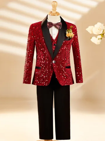 Fall Winter Red Long Sleeve Sequins 6 Piece Boys Wedding Suits 2025 Body Jewellery Coat Pants Shirt Tie Vest