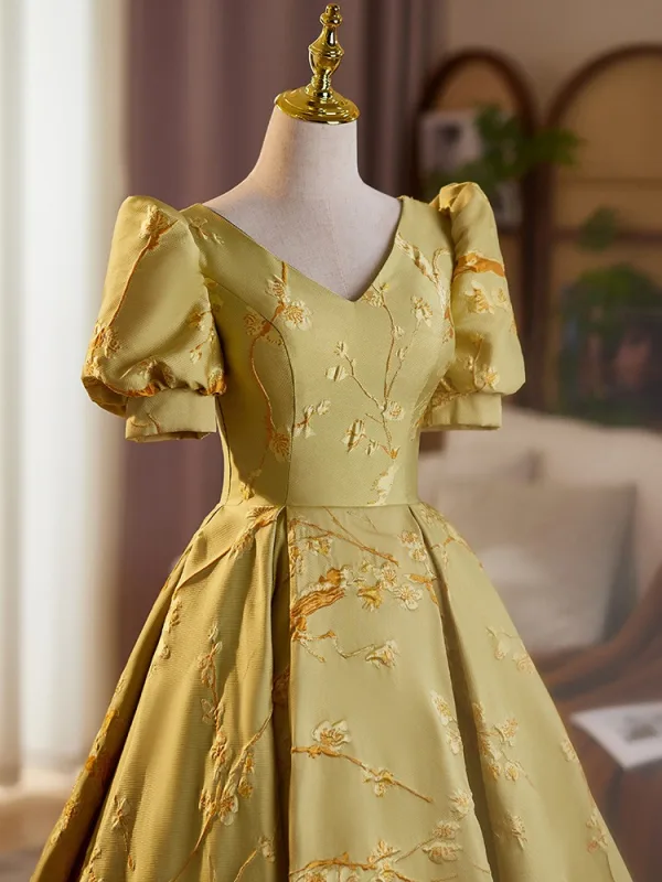 Elegant Yellow Printing Prom Dresses 2025 A-Line / Princess V-Neck Short Sleeve Backless Floor-Length / Long Prom Formal Dresses