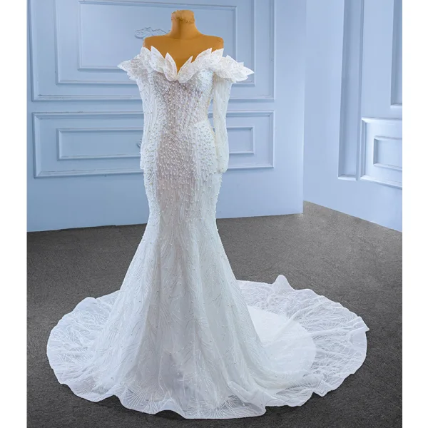 Luxury / Gorgeous White Handmade  Beading Pearl Wedding Dresses 2023 Trumpet / Mermaid Off-The-Shoulder Long Sleeve Backless Floor-Length / Long Wedding