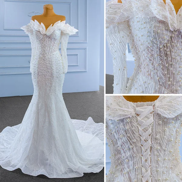 Luxury / Gorgeous White Handmade  Beading Pearl Wedding Dresses 2023 Trumpet / Mermaid Off-The-Shoulder Long Sleeve Backless Floor-Length / Long Wedding