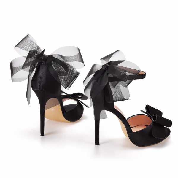 Sexy Noire Soirée Bride Cheville Noeud Sandales Femme 2025 11 cm Talons Aiguilles Peep Toes / Bout Ouvert Sandales Talons Hauts