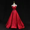 Modest  Burgundy Satin Prom Dresses 2024 Ball Gown Sweetheart Sleeveless Backless Bow Sash Floor-Length / Long Formal Dresses