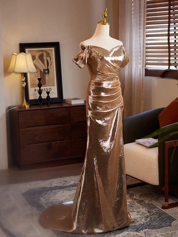 Glitzernden Sexy Champagner Pailletten Gespaltete Front Abendkleider 2024 Meerjungfrau Off Shoulder Kurze Ärmel Rückenfreies Sweep / Pinsel Zug Abend Festliche Kleider