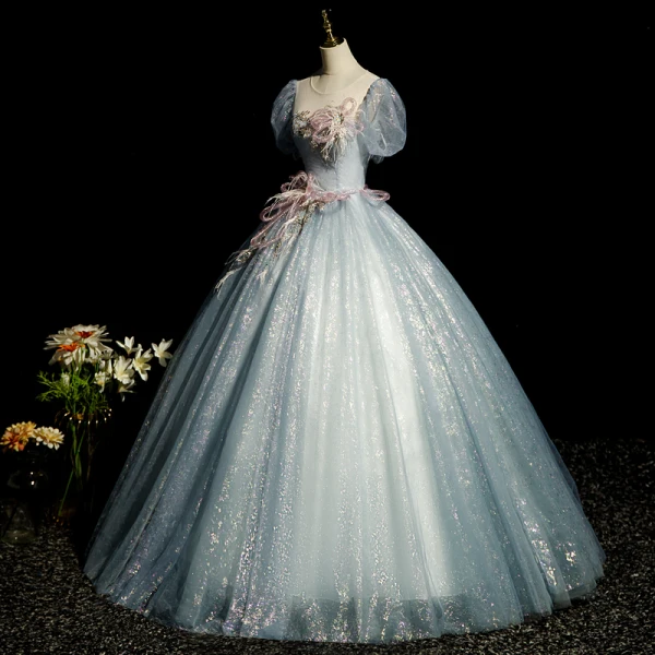 Elegant Grey Beading Pearl Lace Flower Prom Dresses 2023 Ball Gown Scoop Neck Tassel Short Sleeve Backless Floor-Length / Long Prom Formal Dresses