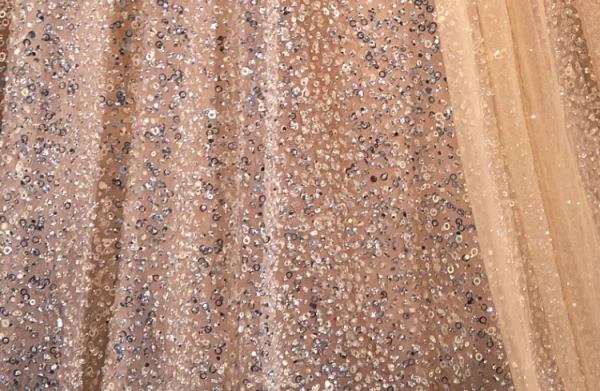 Sparkly Gold Beading Sequins Prom Dresses 2024 A-Line / Princess Scoop Neck Short Sleeve Backless Sweep Train Prom Formal Dresses