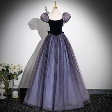 Elegant Purple Sequins Prom Dresses 2025 A Line Princess Square Neckline Puffy Short Sleeve Backless Bow Floor Length Long Formal Dresses