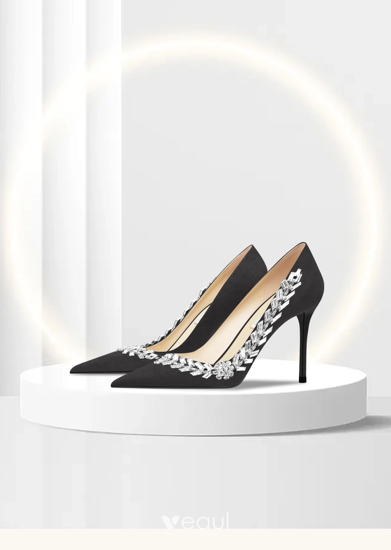 Fashion Black Rhinestone Evening Party Suede Pumps 2024 Leather 10 cm ...