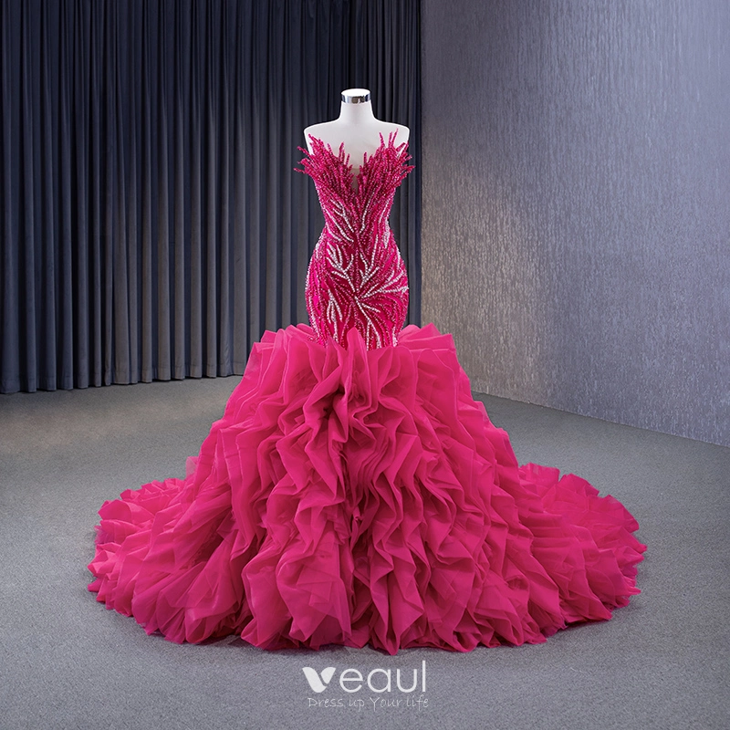 Trumpet Mermaid Fuchsia V Neck Backless Prom Dress Trumpet Mermaid Fuchsia V Neck Backless Prom Dress