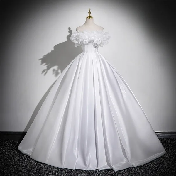 Elegant Ivory Appliques Prom Dresses 2025 A-Line / Princess Off-The-Shoulder Short Sleeve Backless Floor-Length / Long Formal Dresses
