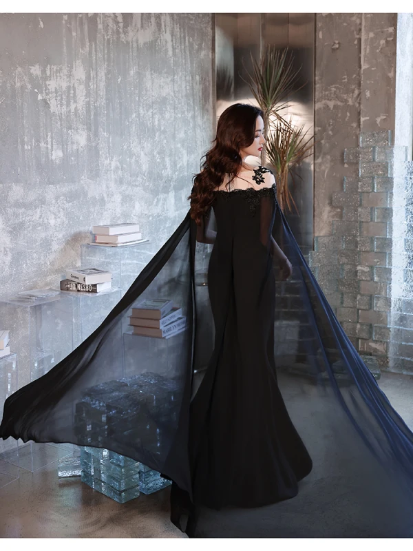 Sexy Black Beading Lace Flower Sequins Evening Dresses 2023 Trumpet / Mermaid cloak Scoop Neck Sleeveless Floor-Length / Long Evening Party Formal Dresses